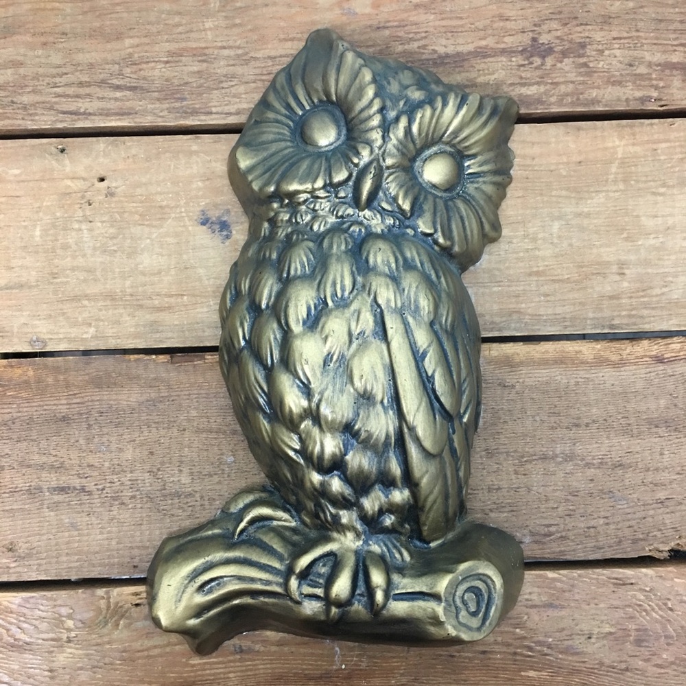 Vintage Plaster Paris Antiqued Gold Metallic Owl Branch Wall Art - Picture 2 of 8